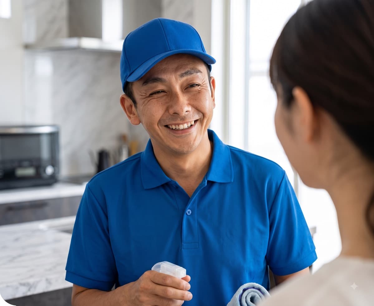 笑顔で対応する清掃スタッフ